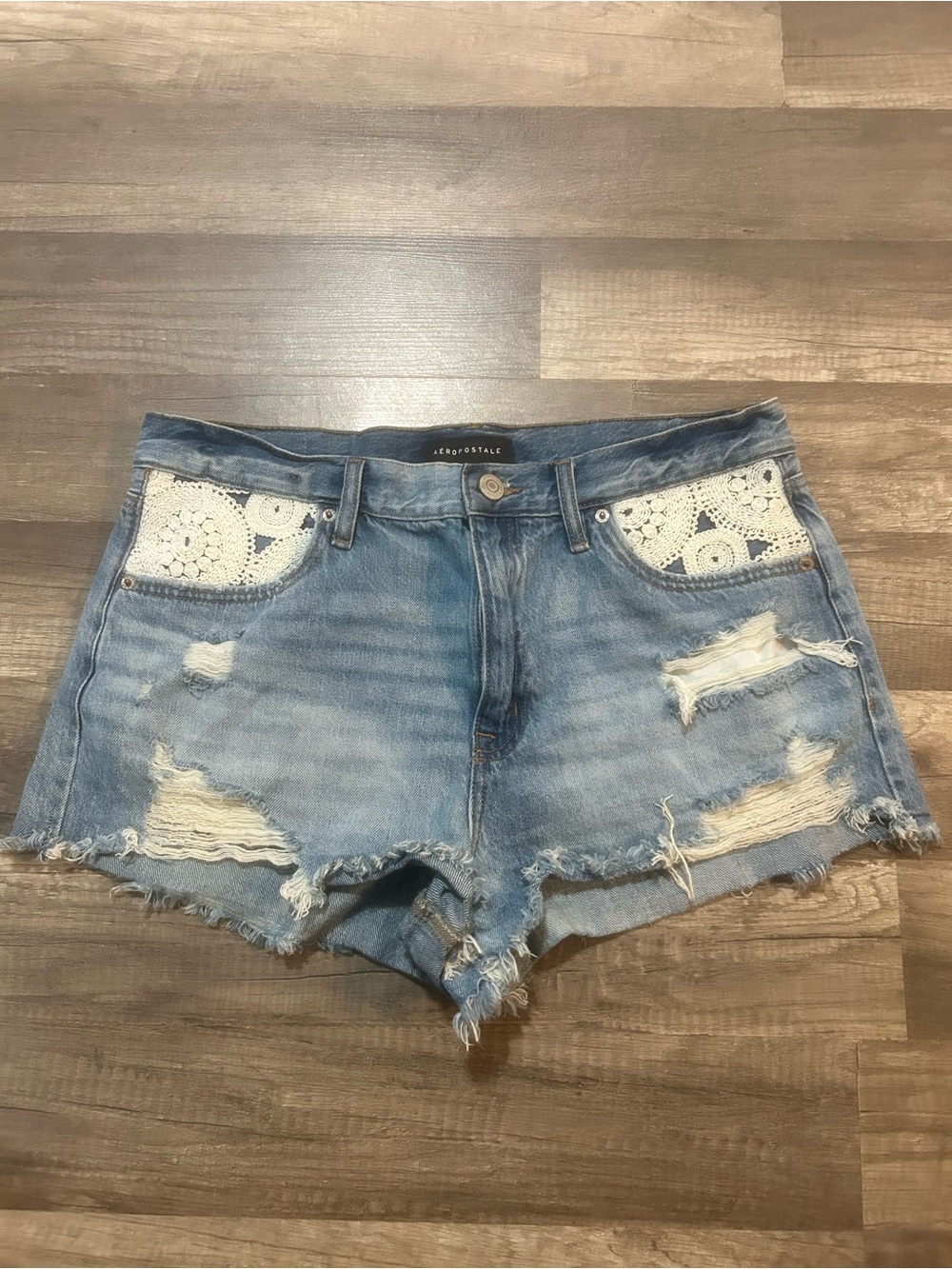 Aeropostale Light Wash Distressed Denim Shorts with Crochet Pockets